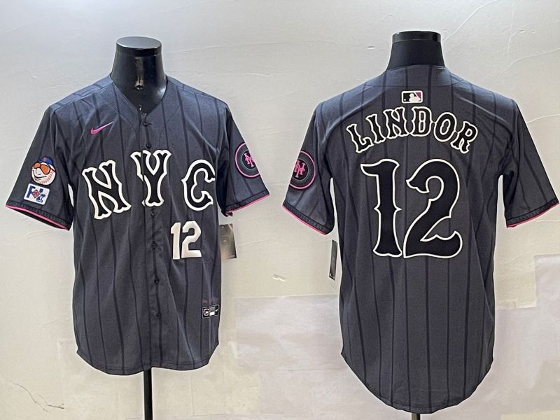 Men New York Mets #12 Lindor Black City Edition 2025 Nike MLB Jersey style 4